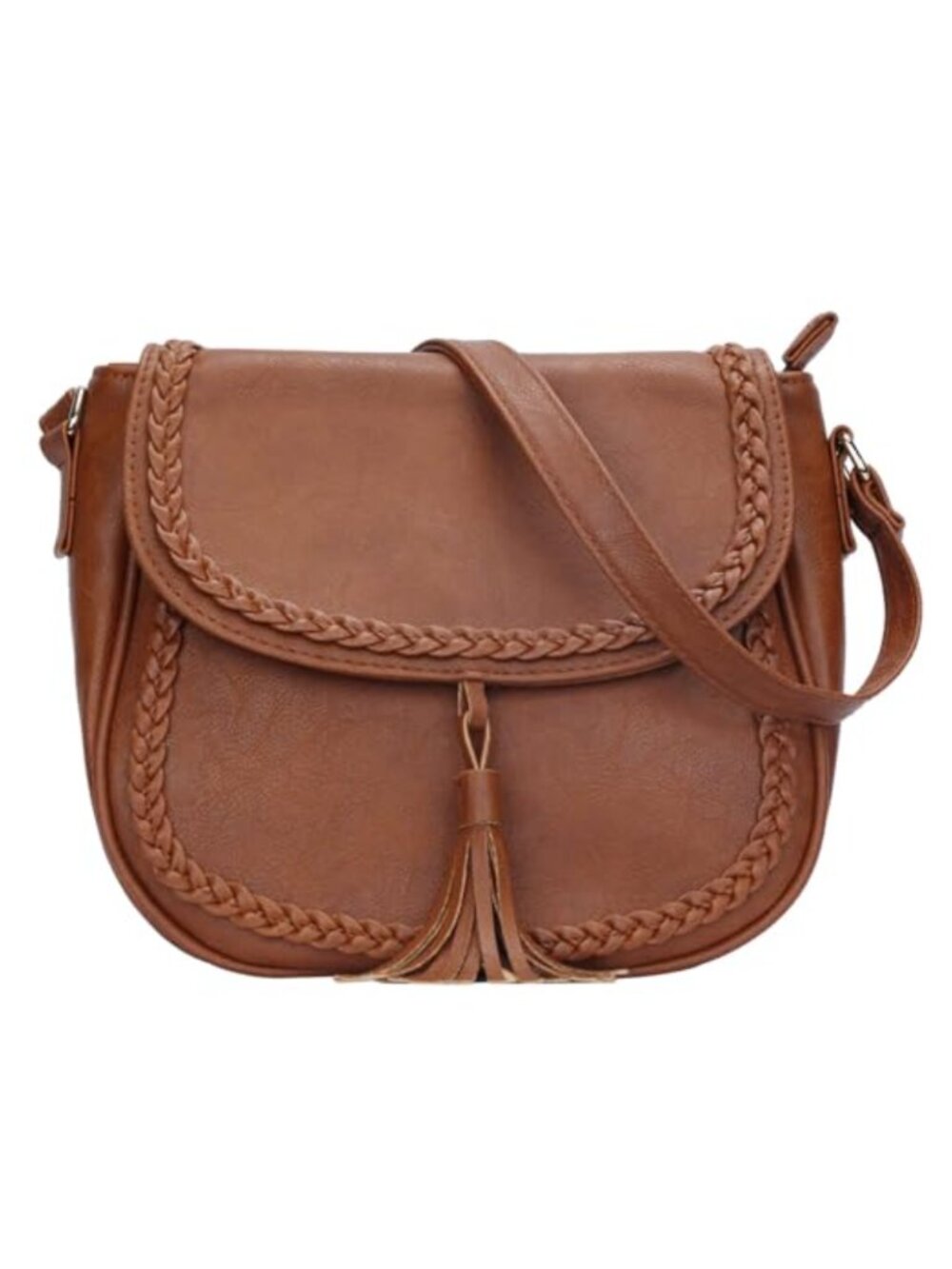 KKXIU Crossbody Bag Whipstitch Tassel PU Leather Saddle Purse Adj Strap